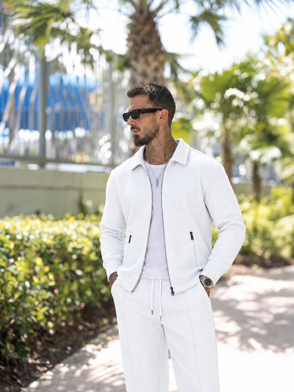 Men's Textured Two Piece Set - Zip Jacket & Pants Smart Casual Outfit