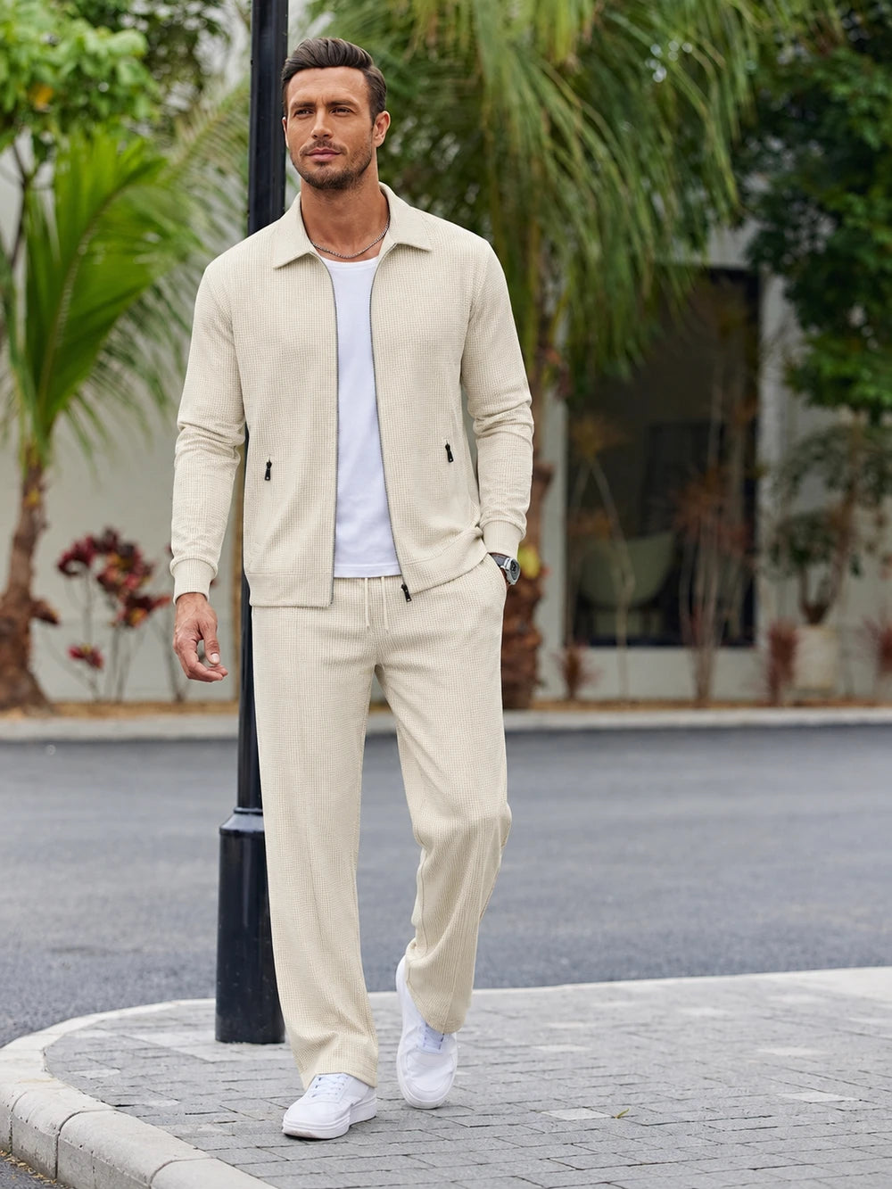 Men's Textured Two Piece Set - Zip Jacket & Pants Smart Casual Outfit