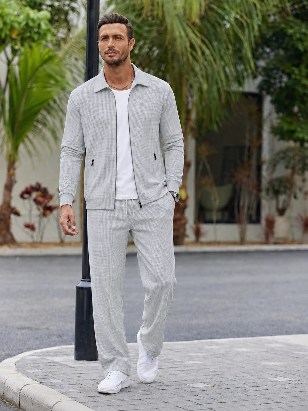Men's Textured Two Piece Set - Zip Jacket & Pants Smart Casual Outfit