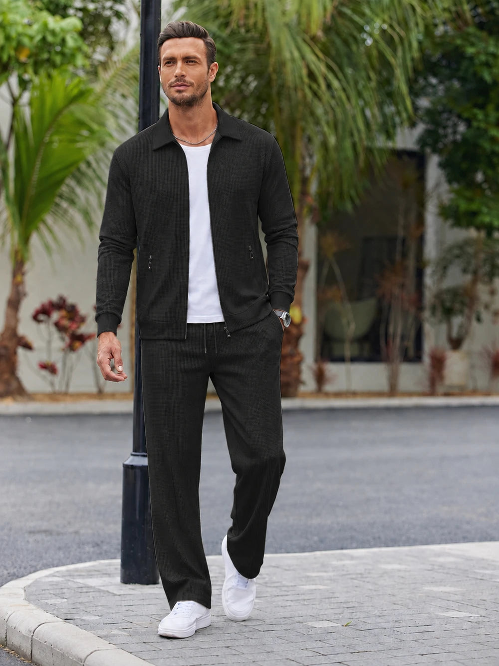 Men's Textured Two Piece Set - Zip Jacket & Pants Smart Casual Outfit