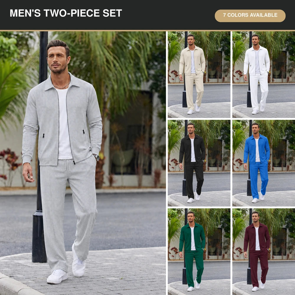 Men's Textured Two Piece Set - Zip Jacket & Pants Smart Casual Outfit