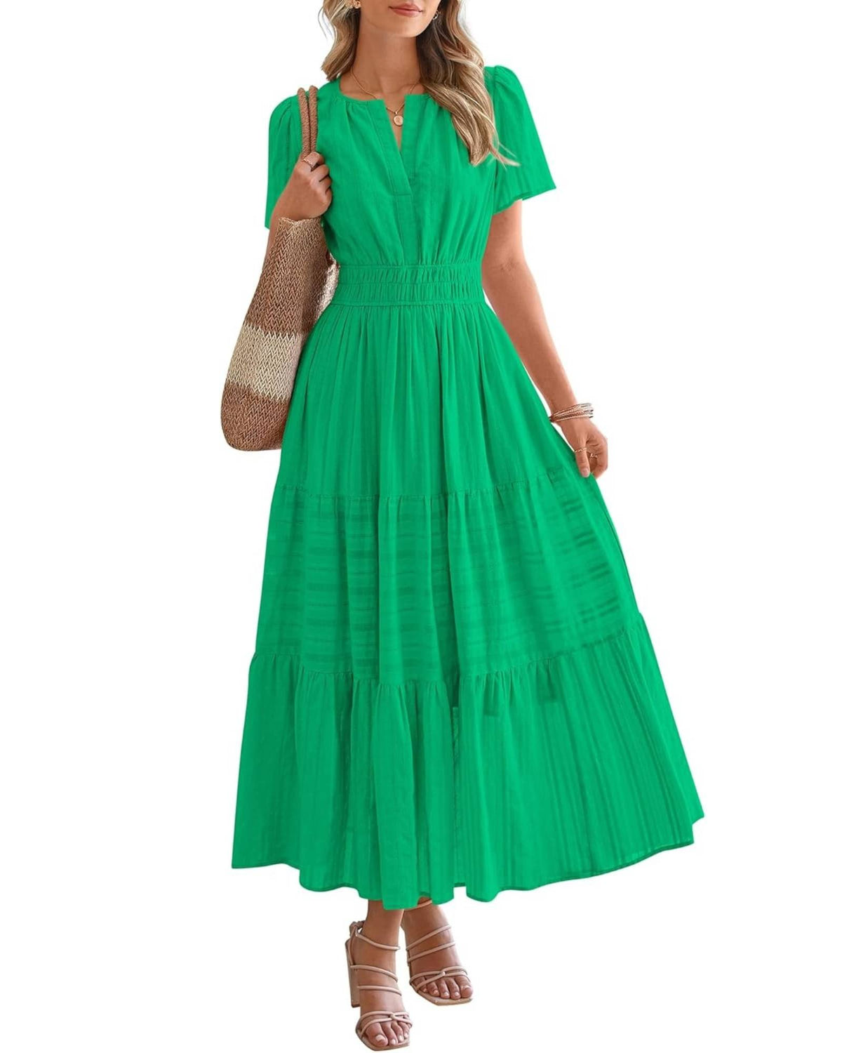 ⏰Hot Sale-Women's Lightweight Short Sleeve V Neck Elastic Waist Dresses