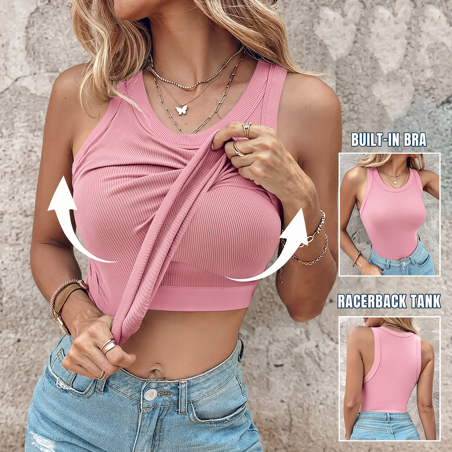 🔥 A versatile ribbed tank designed with a built-in bra, stretchy fabric and a classic racerback silhouette. Easy to wear on its own or layer with your favorite everyday outfits.