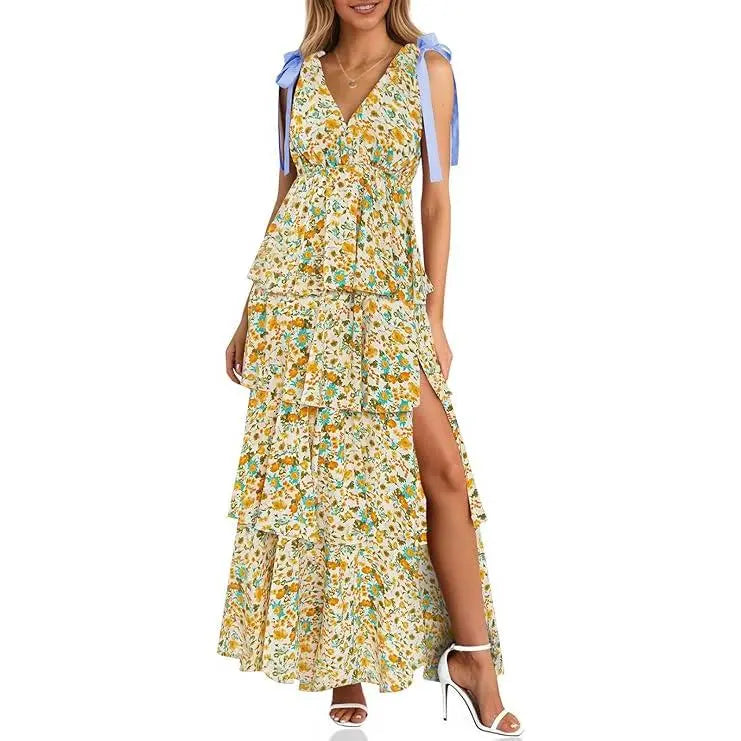 Women’s Boho Floral Tie-Shoulder Tiered Maxi Dress