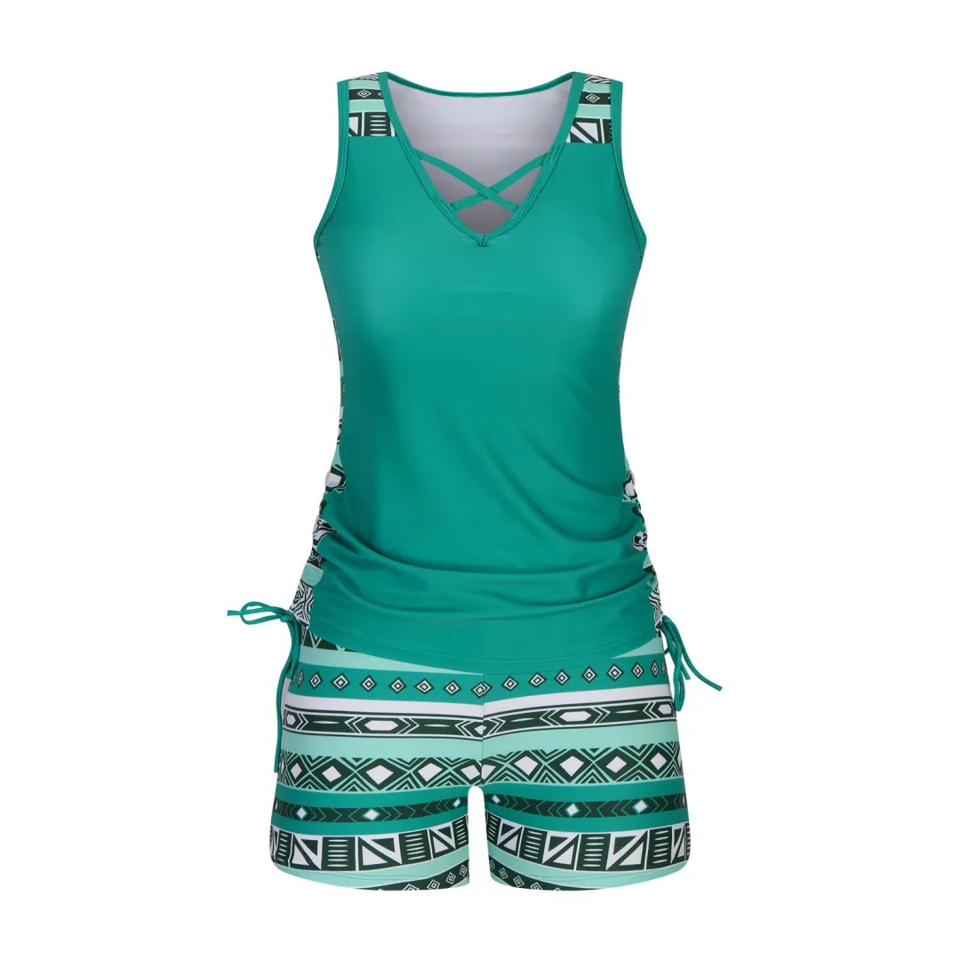 ⏰LAST DAY 50% OFF - Miraclesuit Women's Tummy Control Tankini Set with Built-In Bra – Flattering Boho Swimwear with Shorts🔥