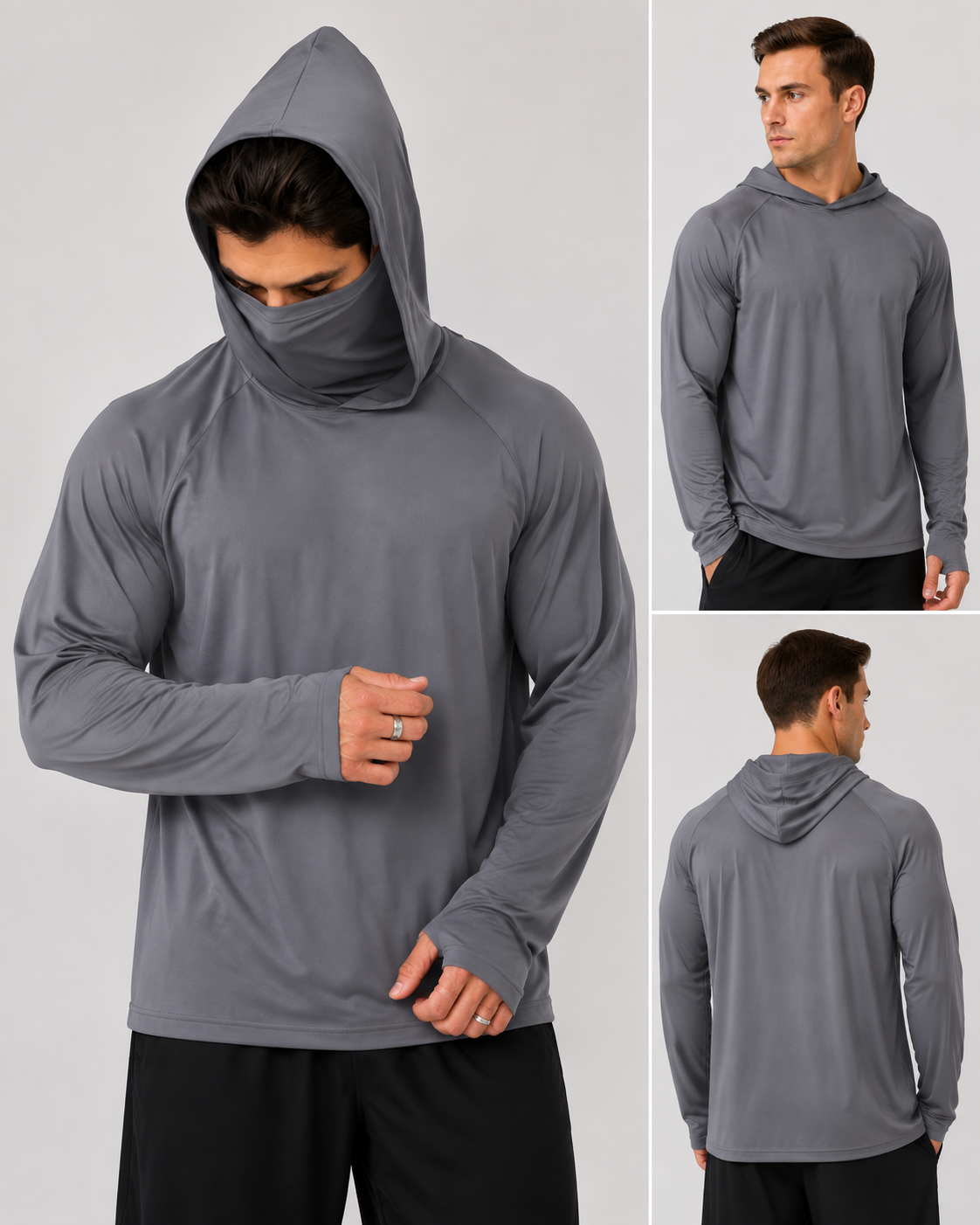 Men's UPF 50+ Long-Sleeve Sun-Ice Silk Protection Hoodie (with Sleeve Pocket and Face Mask)