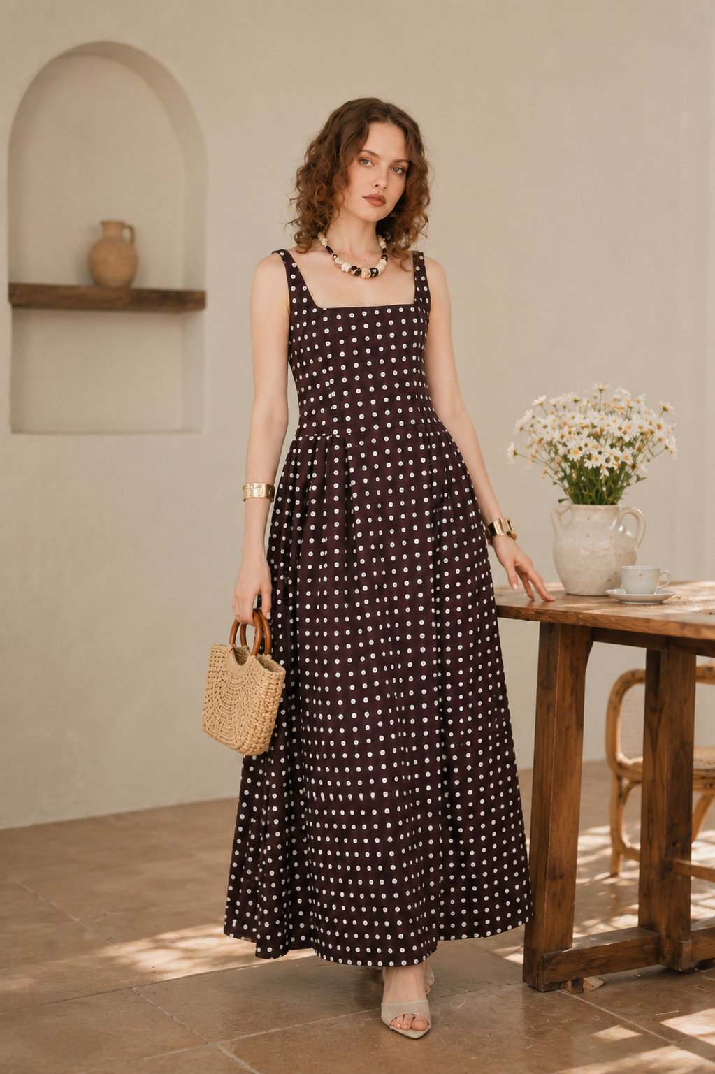 Square Neck Sleeveless Polka Dot Maxi Dress, High Waist A-Line Flowy Long Dress for Mature Women Over 50 Summer Casual Vacation Outfit