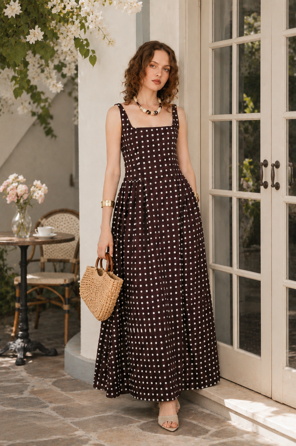 Square Neck Sleeveless Polka Dot Maxi Dress, High Waist A-Line Flowy Long Dress for Mature Women Over 50 Summer Casual Vacation Outfit