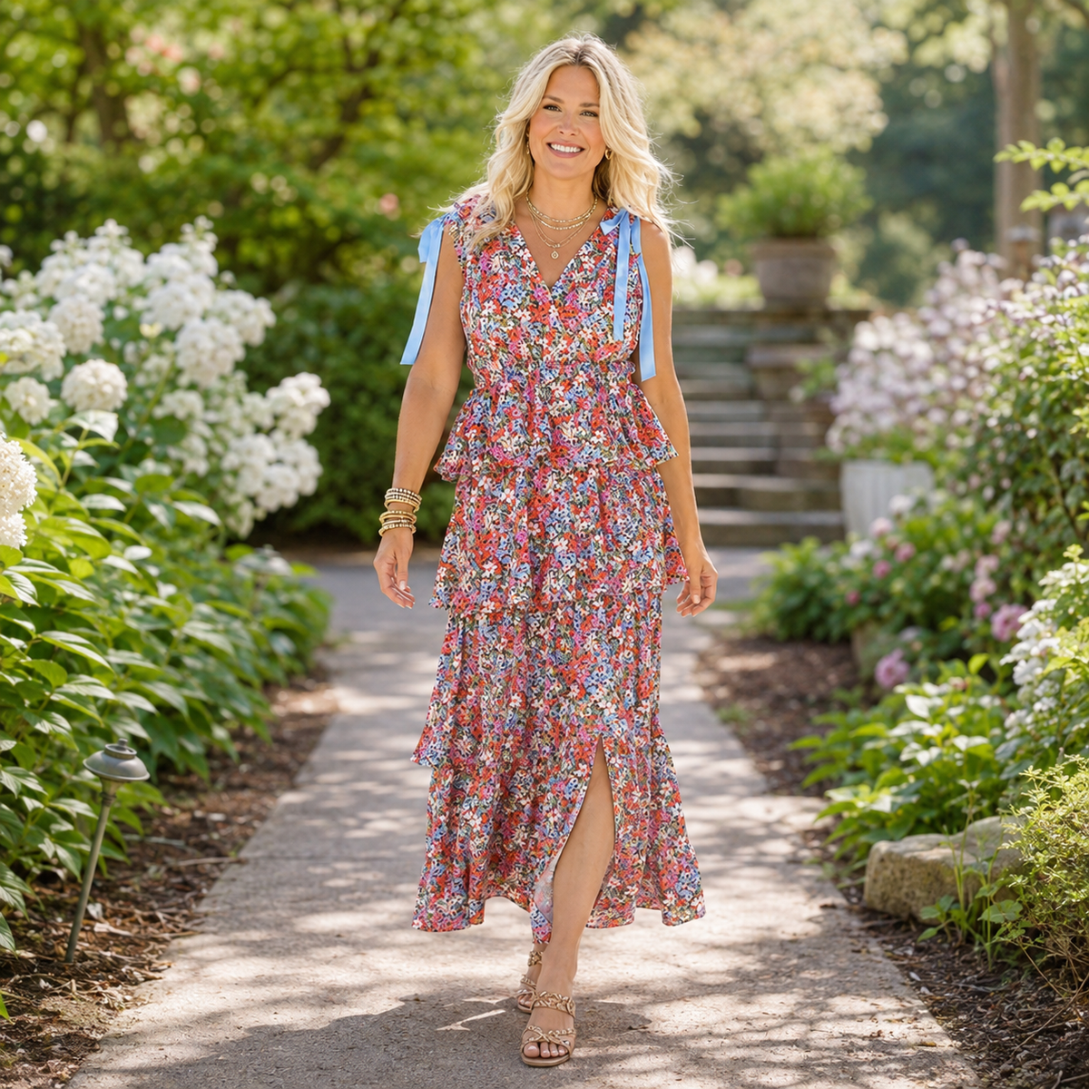 Women’s Boho Floral Tie-Shoulder Tiered Maxi Dress