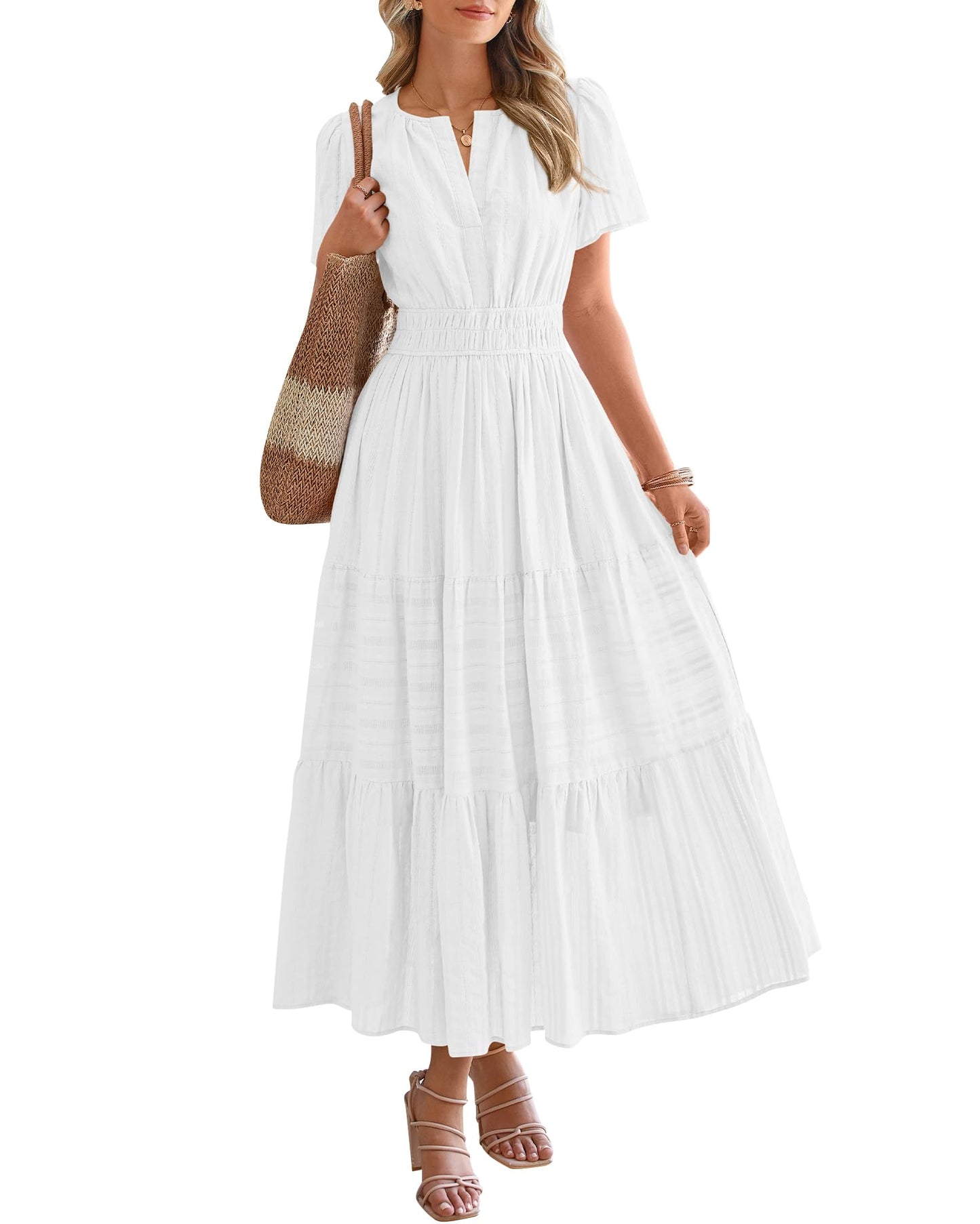 ⏰Hot Sale-Women's Lightweight Short Sleeve V Neck Elastic Waist Dresses