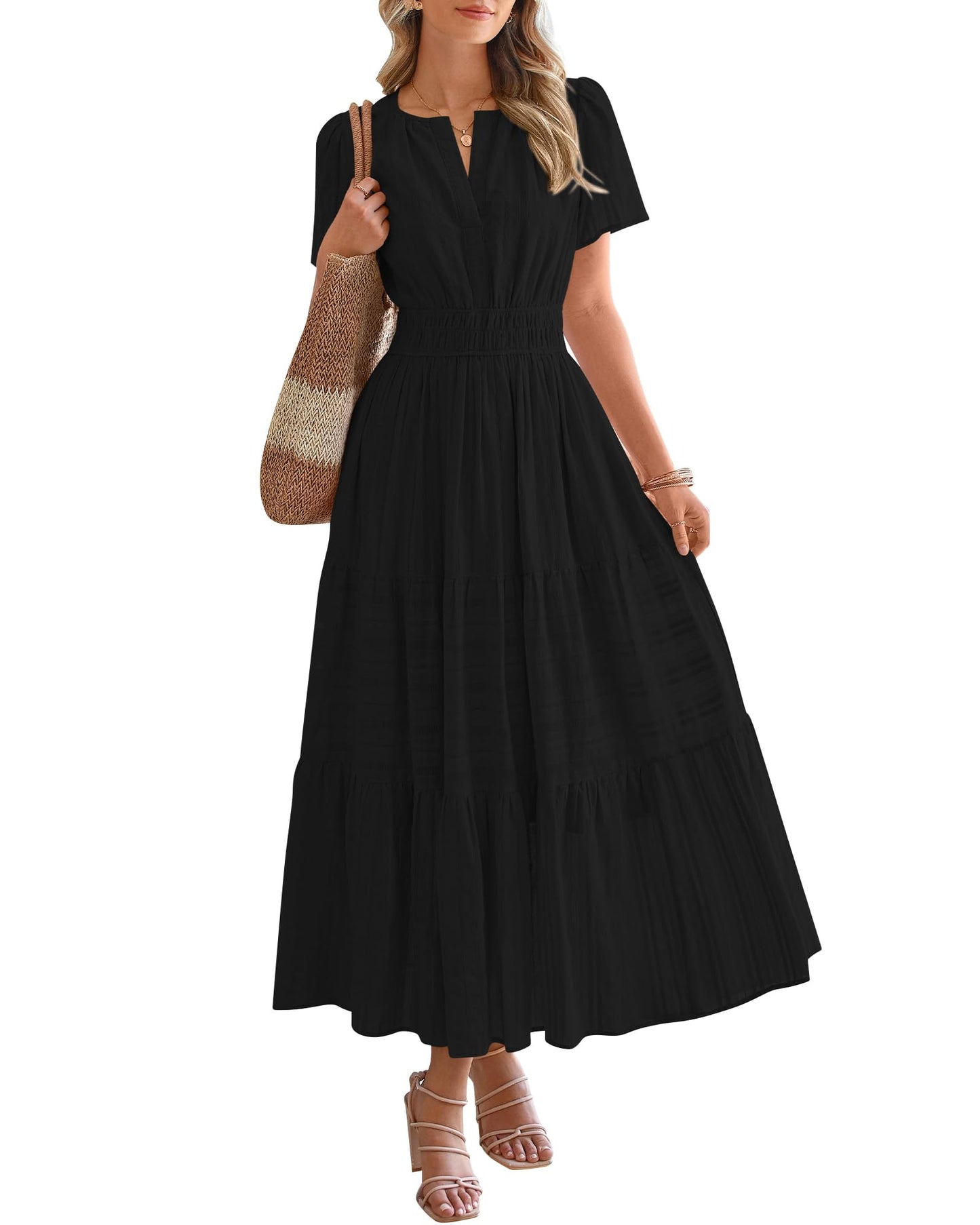 ⏰Hot Sale-Women's Lightweight Short Sleeve V Neck Elastic Waist Dresses