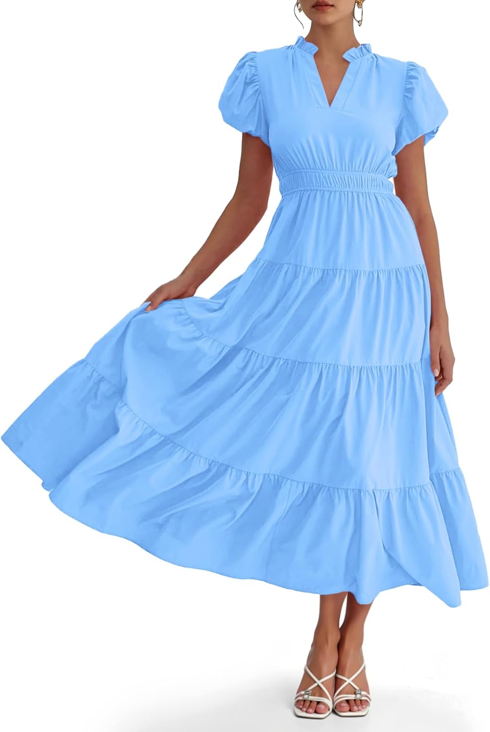 Women's Ruffle Neck Tiered Midi Dress – Elegant Puff Sleeve  Dress