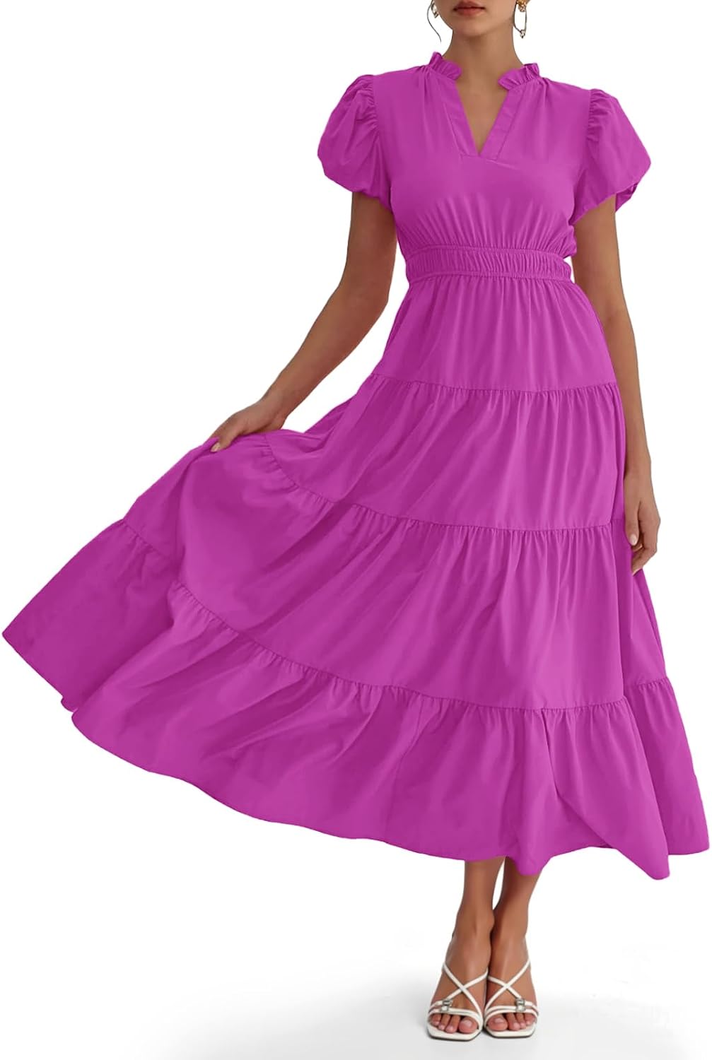 Women's Ruffle Neck Tiered Midi Dress – Elegant Puff Sleeve  Dress
