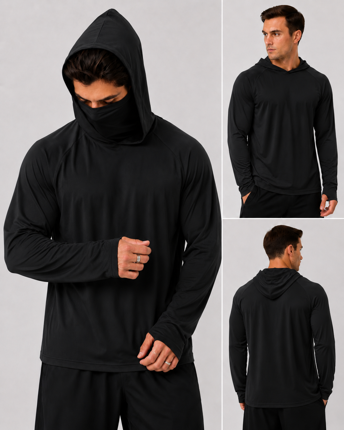 Men's UPF 50+ Long-Sleeve Sun-Ice Silk Protection Hoodie (with Sleeve Pocket and Face Mask)