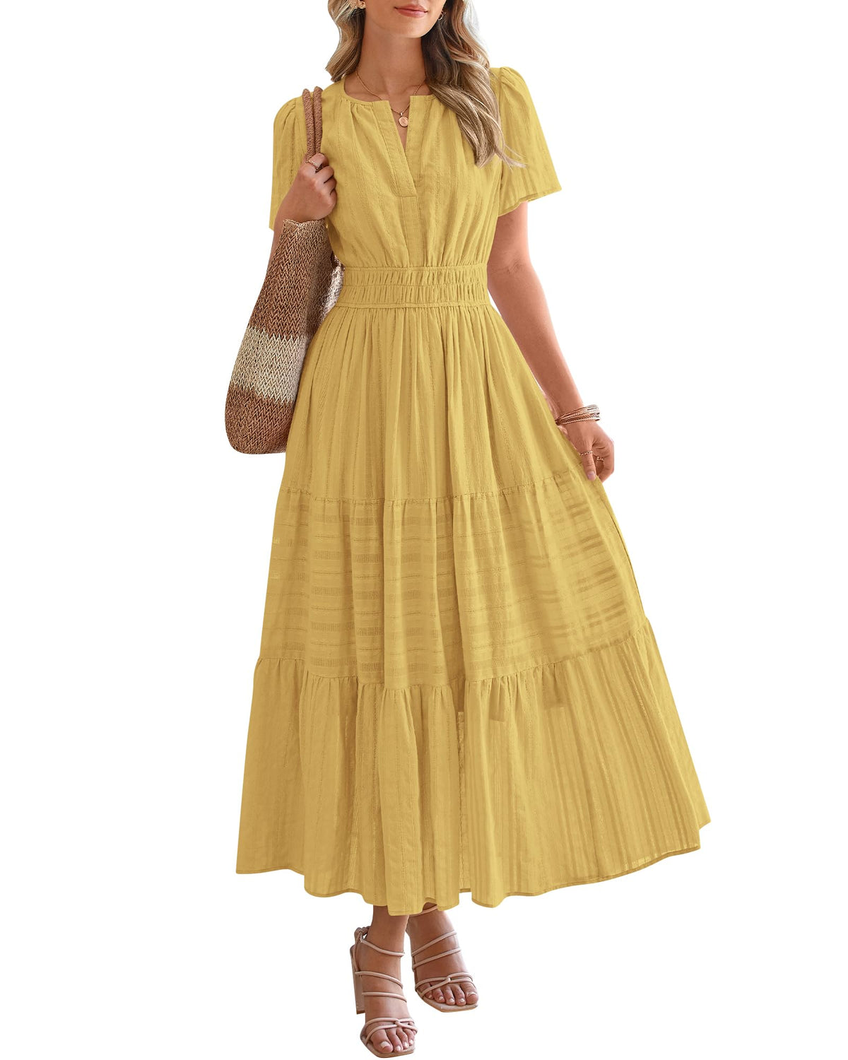 ⏰Hot Sale-Women's Lightweight Short Sleeve V Neck Elastic Waist Dresses