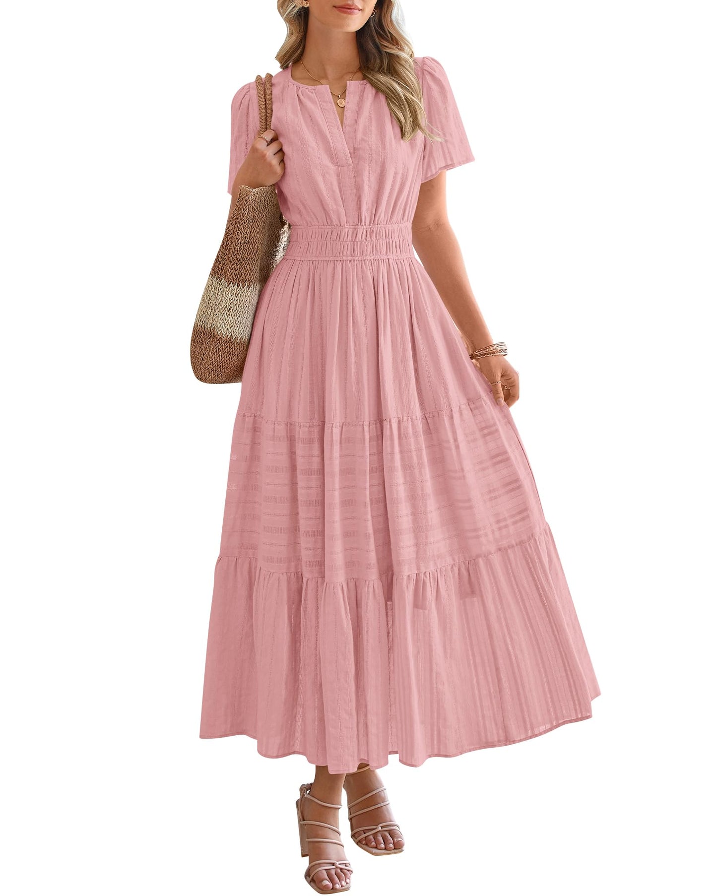 ⏰Hot Sale-Women's Lightweight Short Sleeve V Neck Elastic Waist Dresses