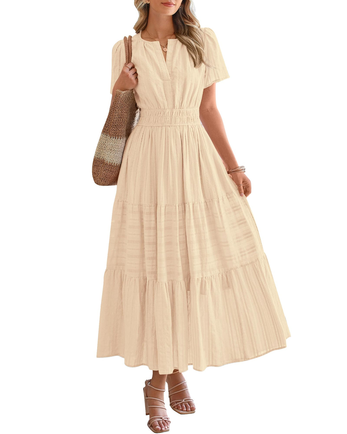 ⏰Hot Sale-Women's Lightweight Short Sleeve V Neck Elastic Waist Dresses