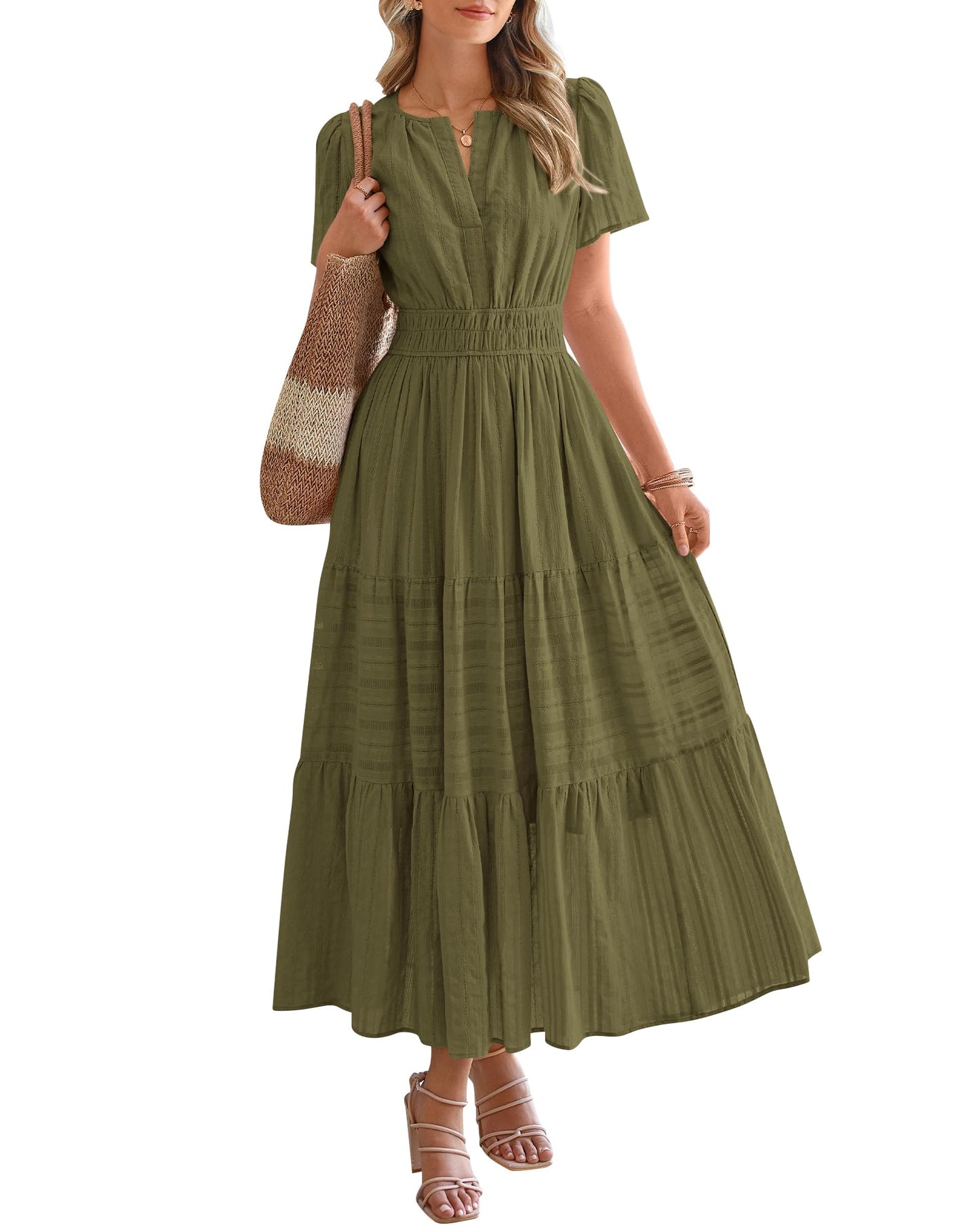 ⏰Hot Sale-Women's Lightweight Short Sleeve V Neck Elastic Waist Dresses