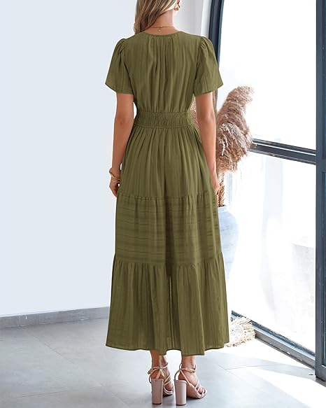 ⏰Hot Sale-Women's Lightweight Short Sleeve V Neck Elastic Waist Dresses