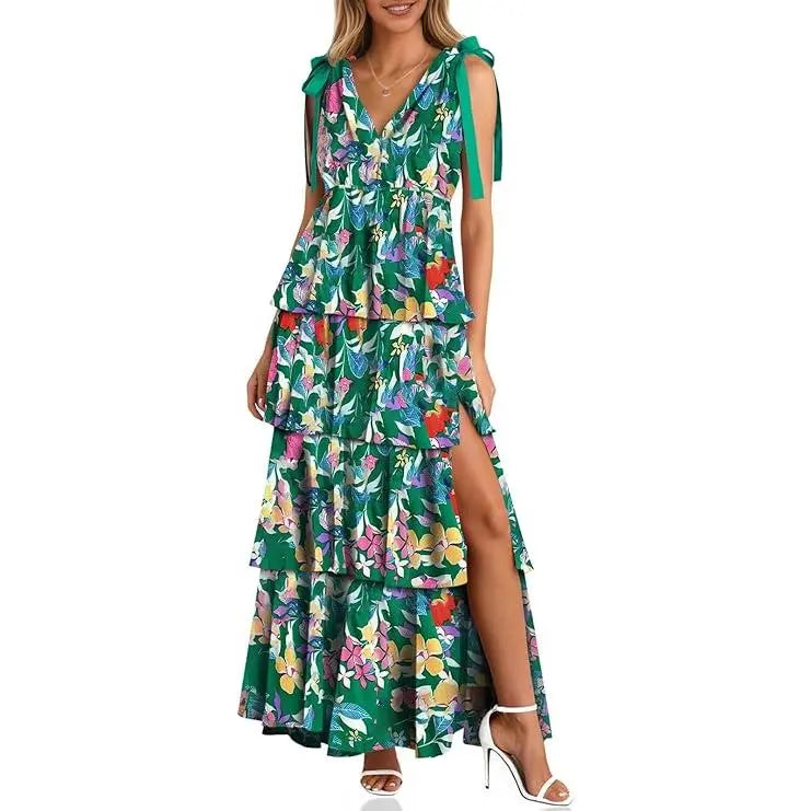 Women’s Boho Floral Tie-Shoulder Tiered Maxi Dress