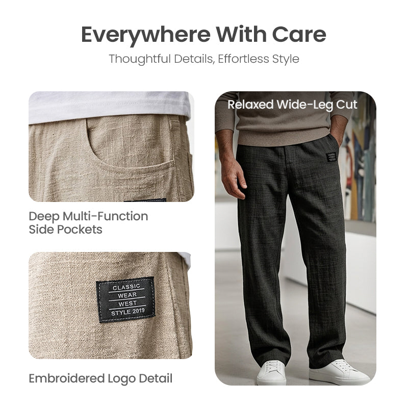 💕LAST DAY SALE 50% OFF!!💕Men's Cotton Linen Blend Relaxed Wide Leg Pants, Breathable Lightweight Casual Trousers for Daily Travel Vacation
