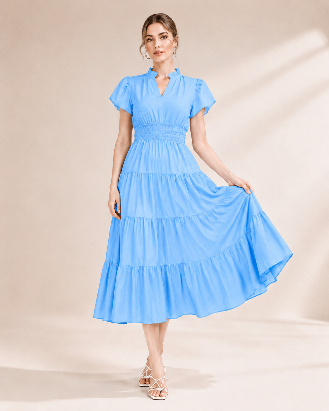 Women's Ruffle Neck Tiered Midi Dress – Elegant Puff Sleeve  Dress