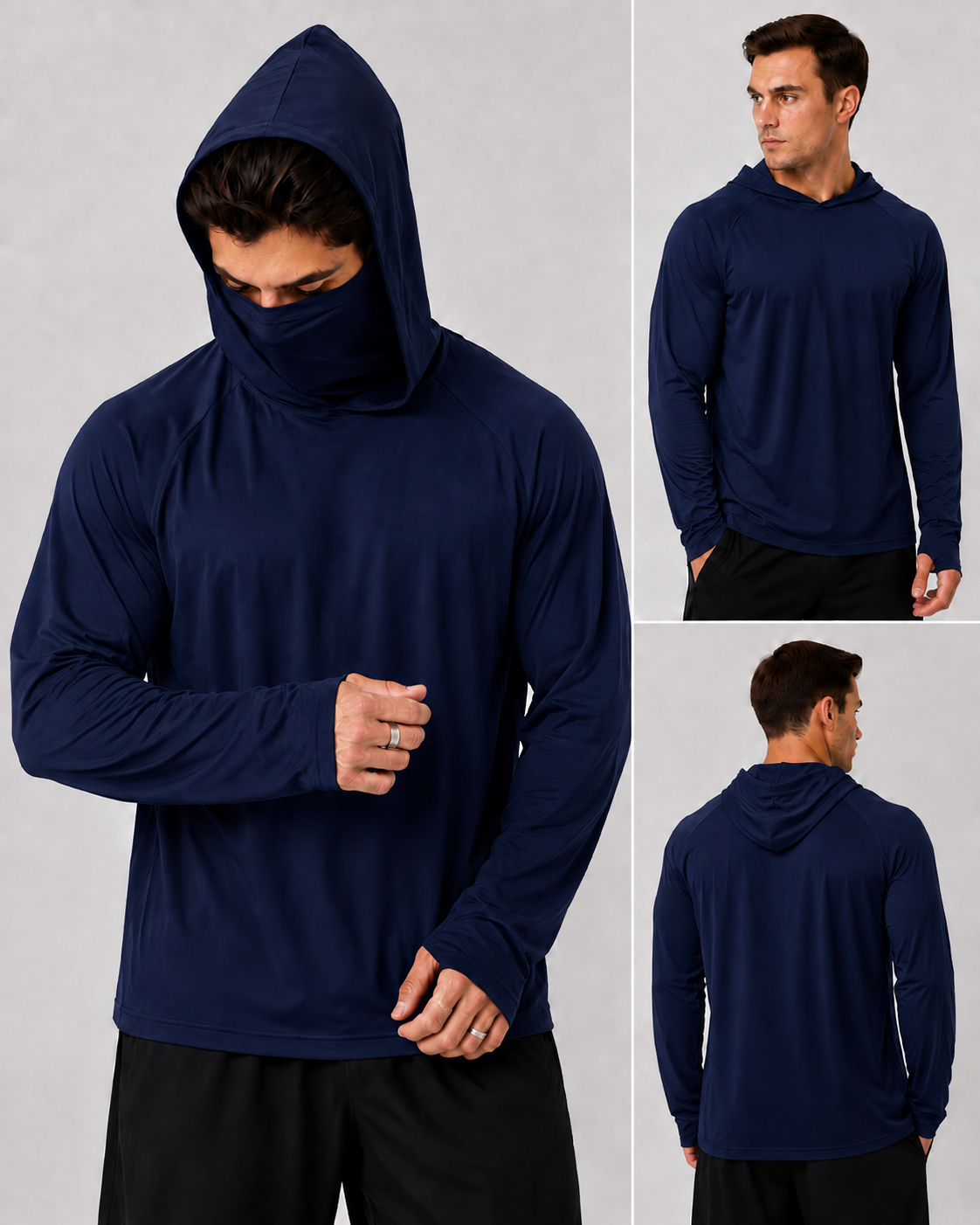 Men's UPF 50+ Long-Sleeve Sun-Ice Silk Protection Hoodie (with Sleeve Pocket and Face Mask)