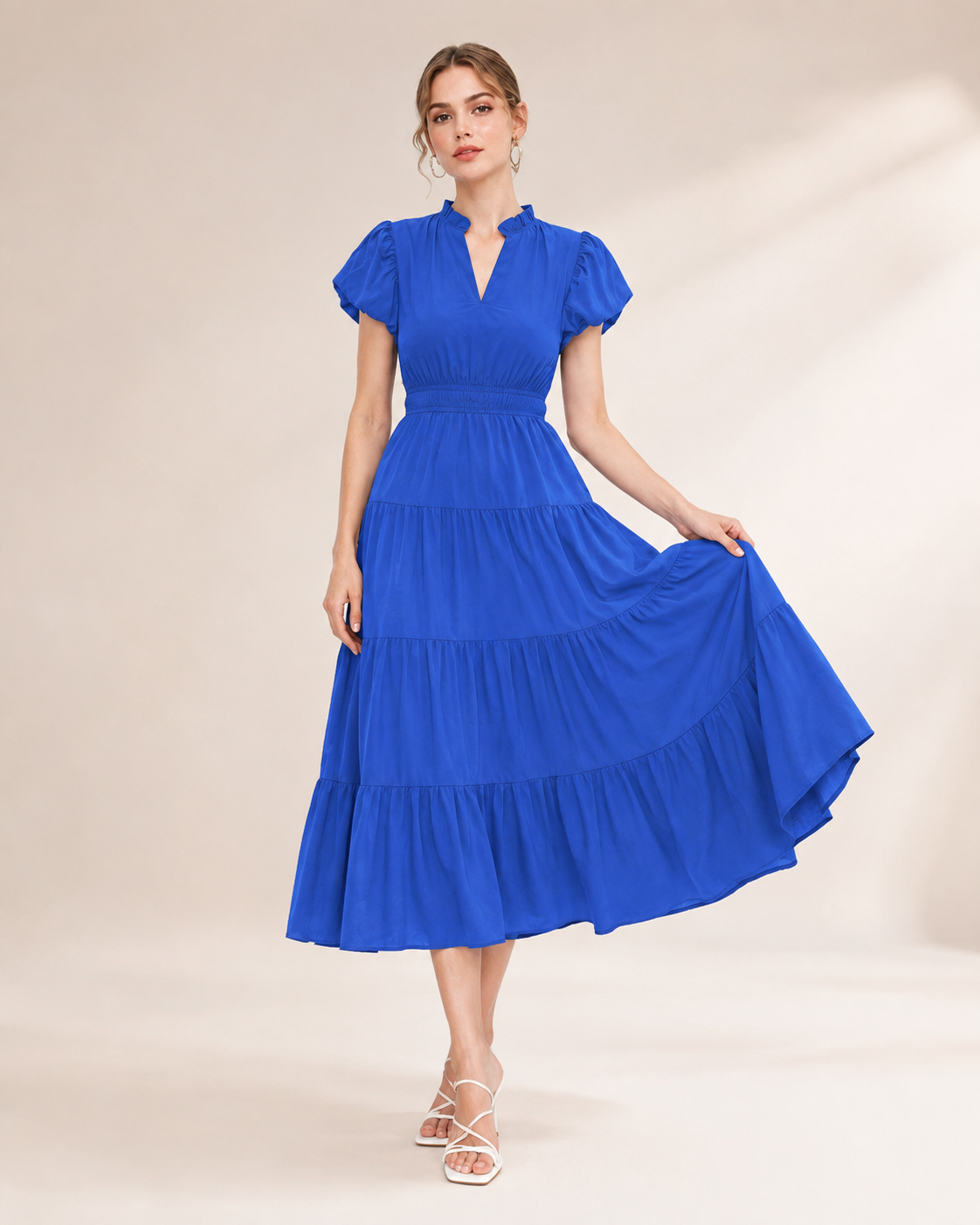 Women's Ruffle Neck Tiered Midi Dress – Elegant Puff Sleeve  Dress