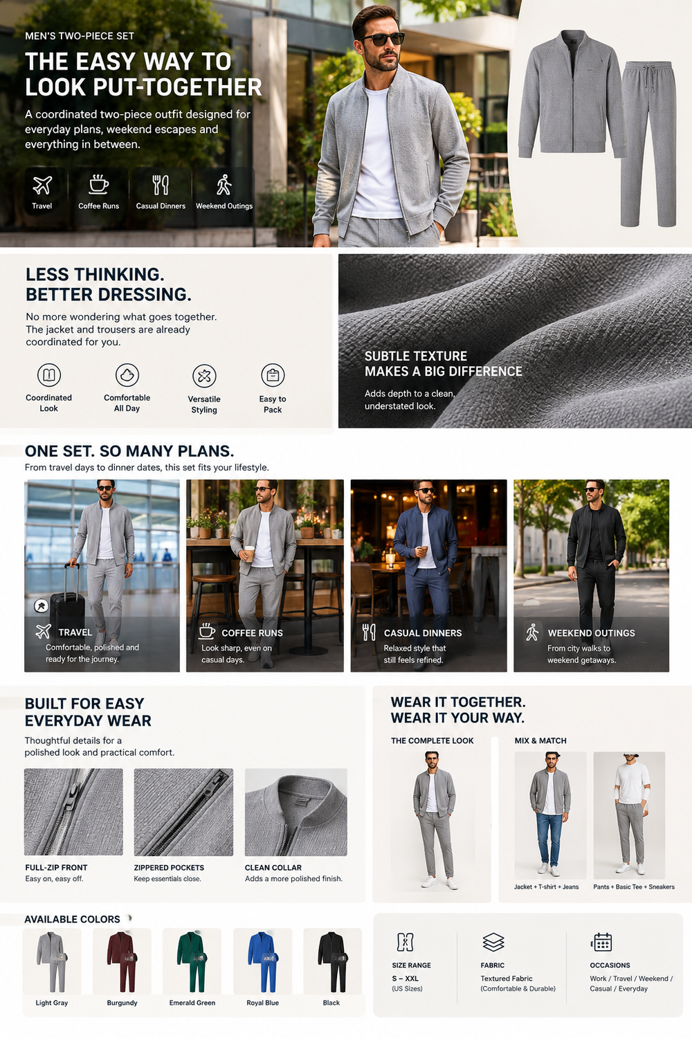 Men's Textured Two Piece Set - Zip Jacket & Pants Smart Casual Outfit