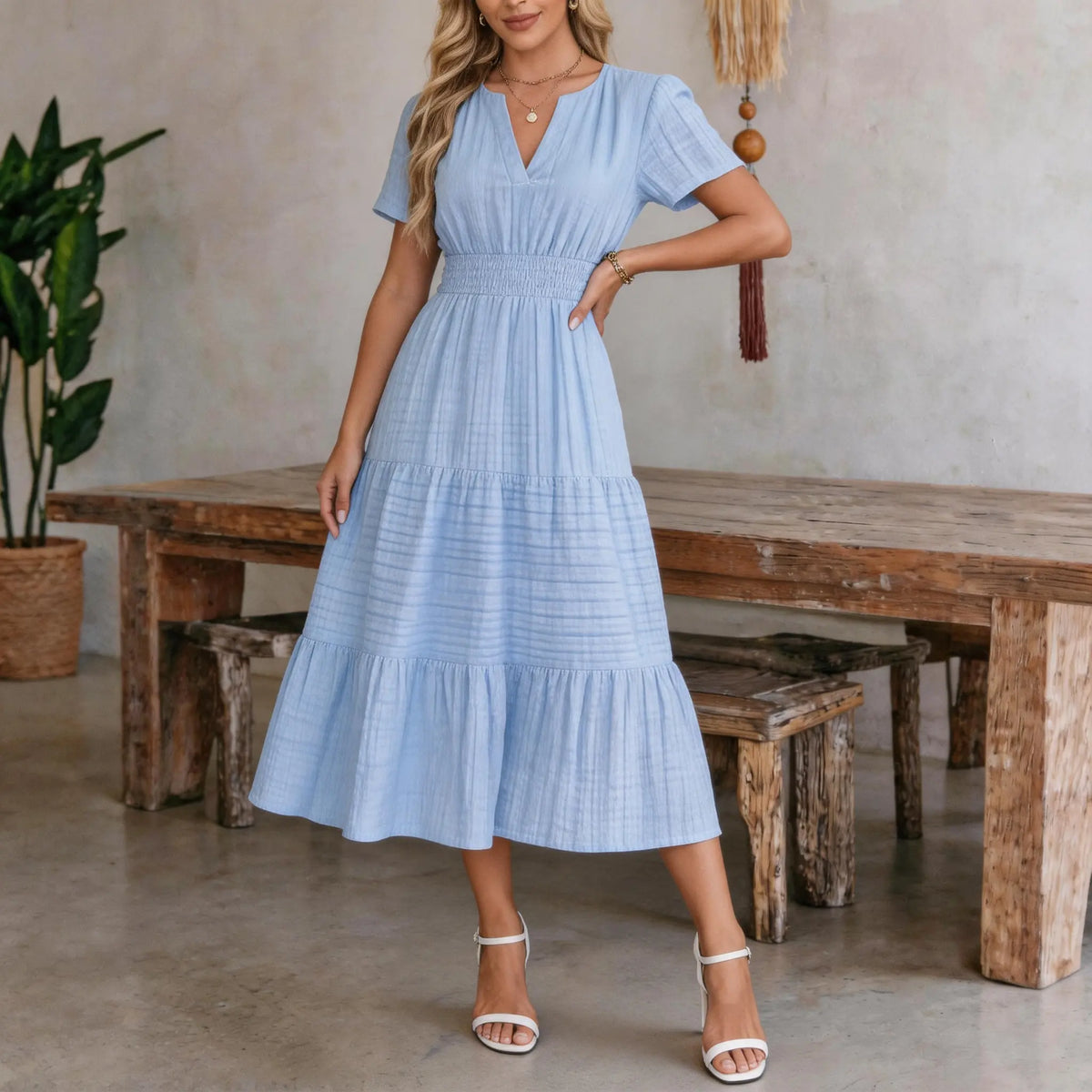 ⏰Hot Sale-Women's Lightweight Short Sleeve V Neck Elastic Waist Dresses