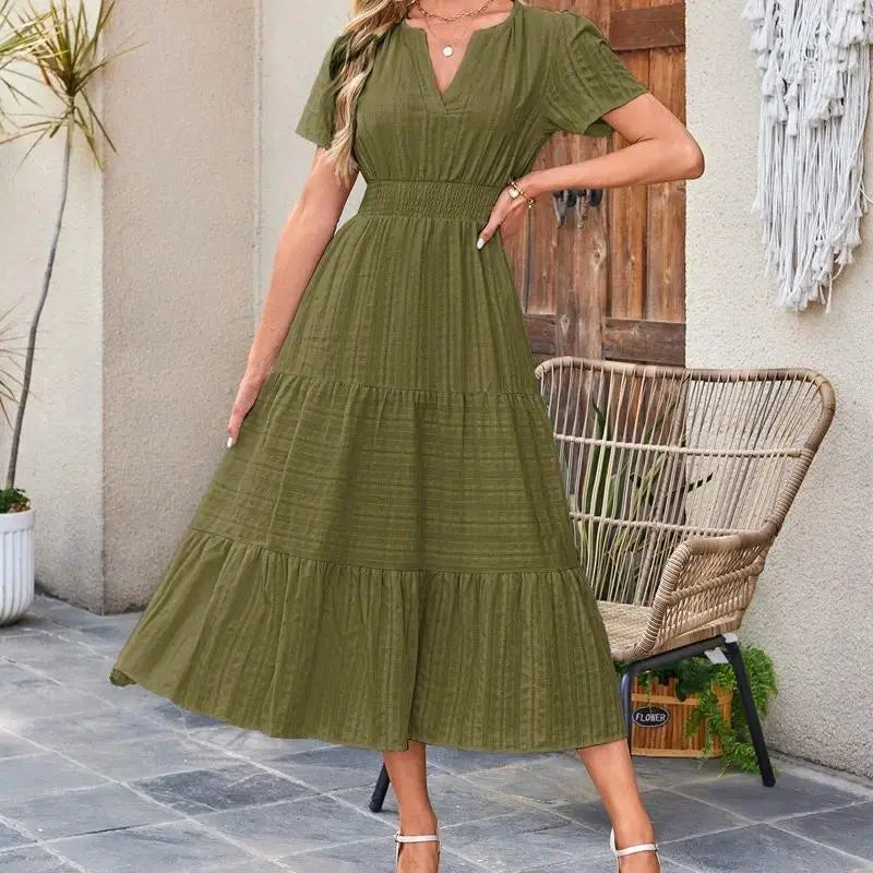 ⏰Hot Sale-Women's Lightweight Short Sleeve V Neck Elastic Waist Dresses