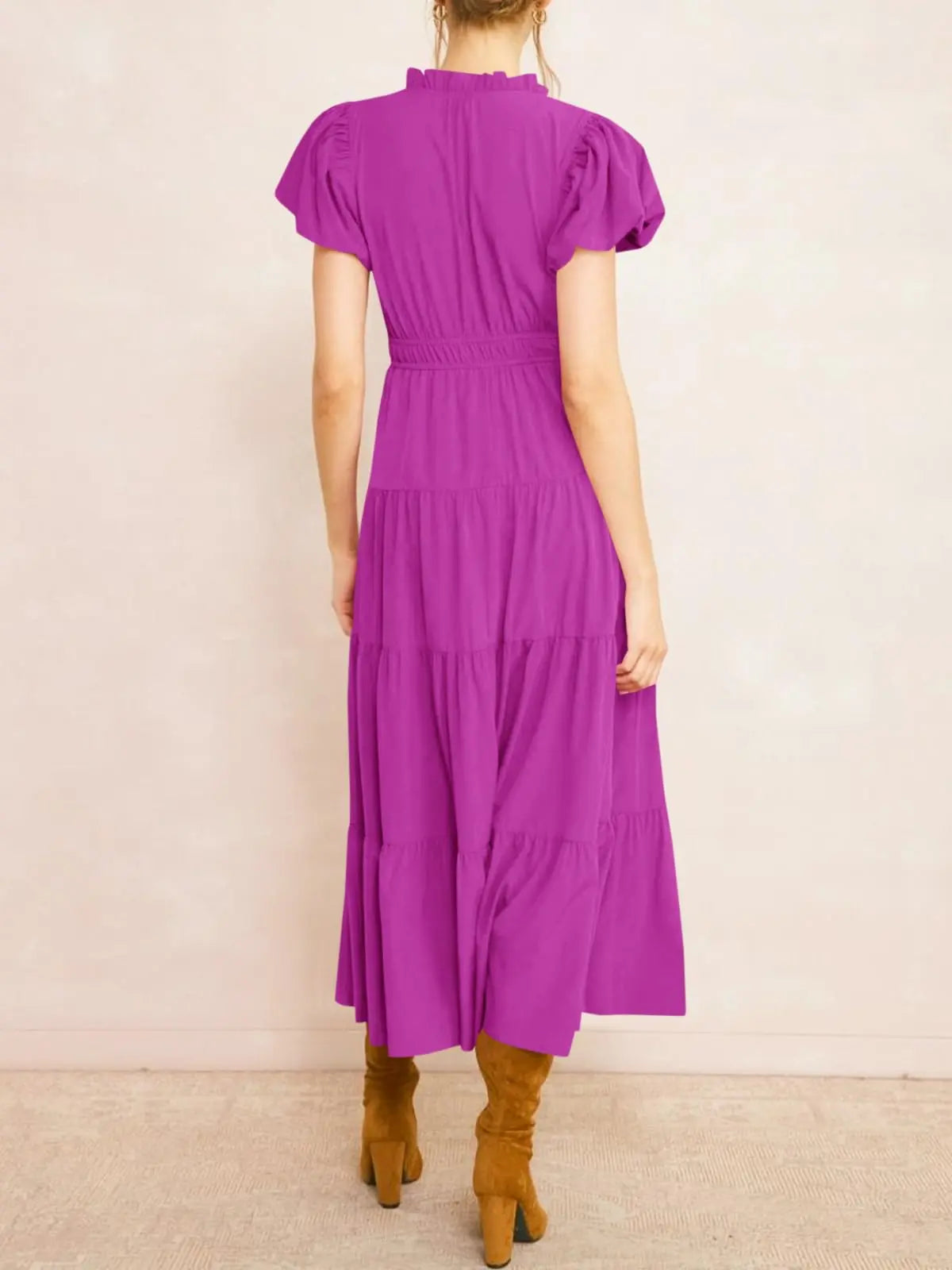 Women's Ruffle Neck Tiered Midi Dress – Elegant Puff Sleeve  Dress