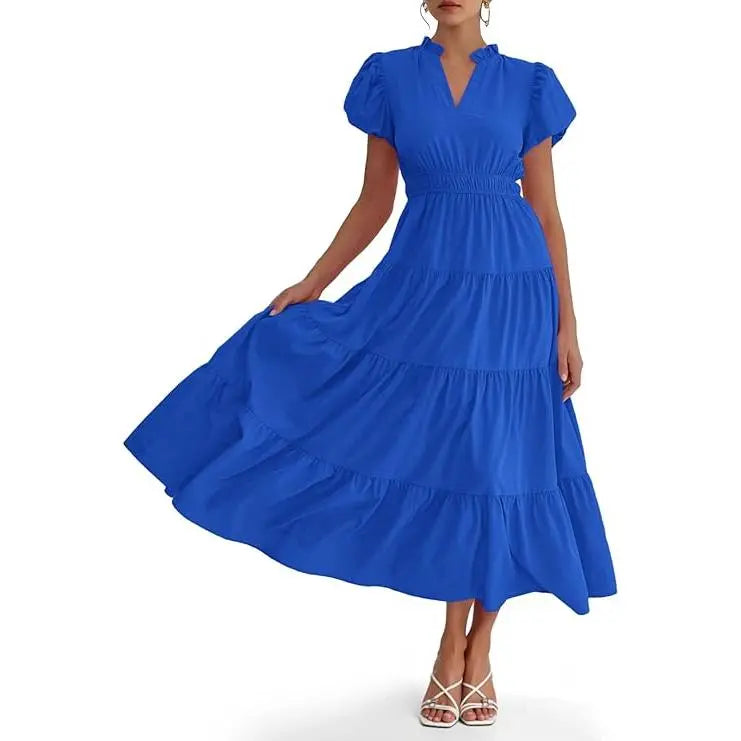 Women's Ruffle Neck Tiered Midi Dress – Elegant Puff Sleeve  Dress