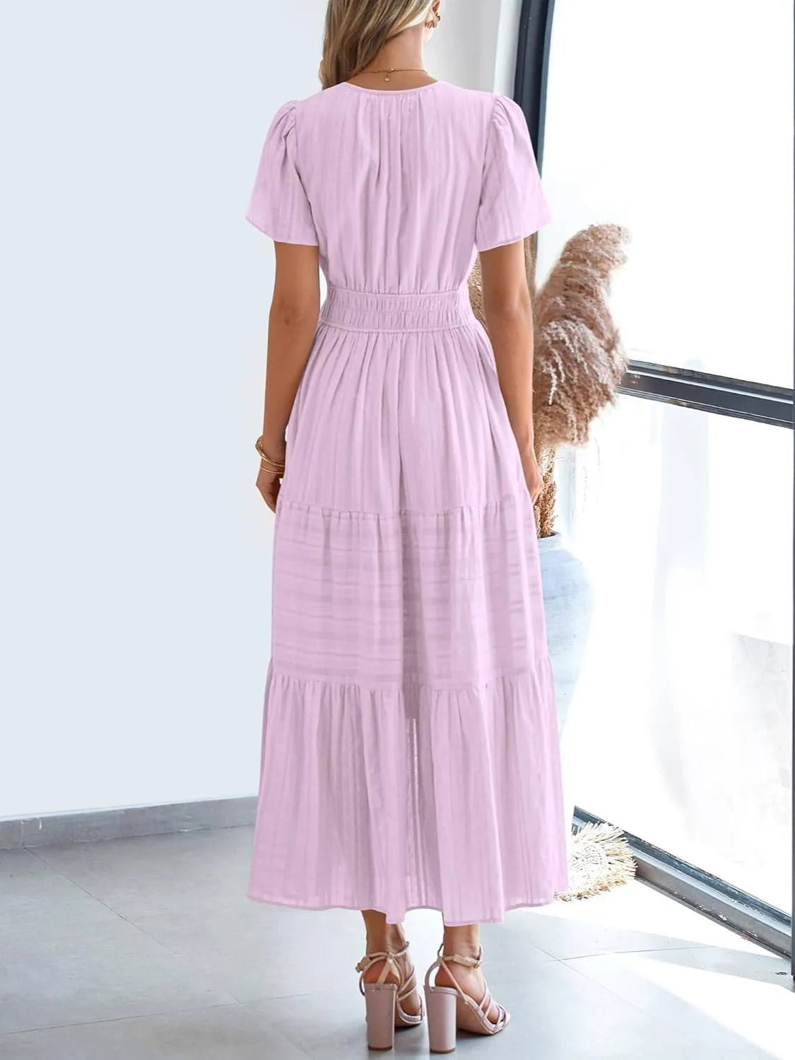 ⏰Hot Sale-Women's Lightweight Short Sleeve V Neck Elastic Waist Dresses