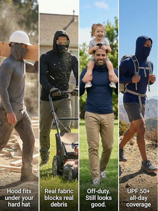 Men's UPF 50+ Long-Sleeve Sun-Ice Silk Protection Hoodie (with Sleeve Pocket and Face Mask)
