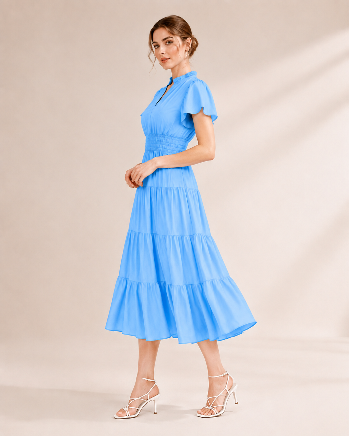 Women's Ruffle Neck Tiered Midi Dress – Elegant Puff Sleeve  Dress