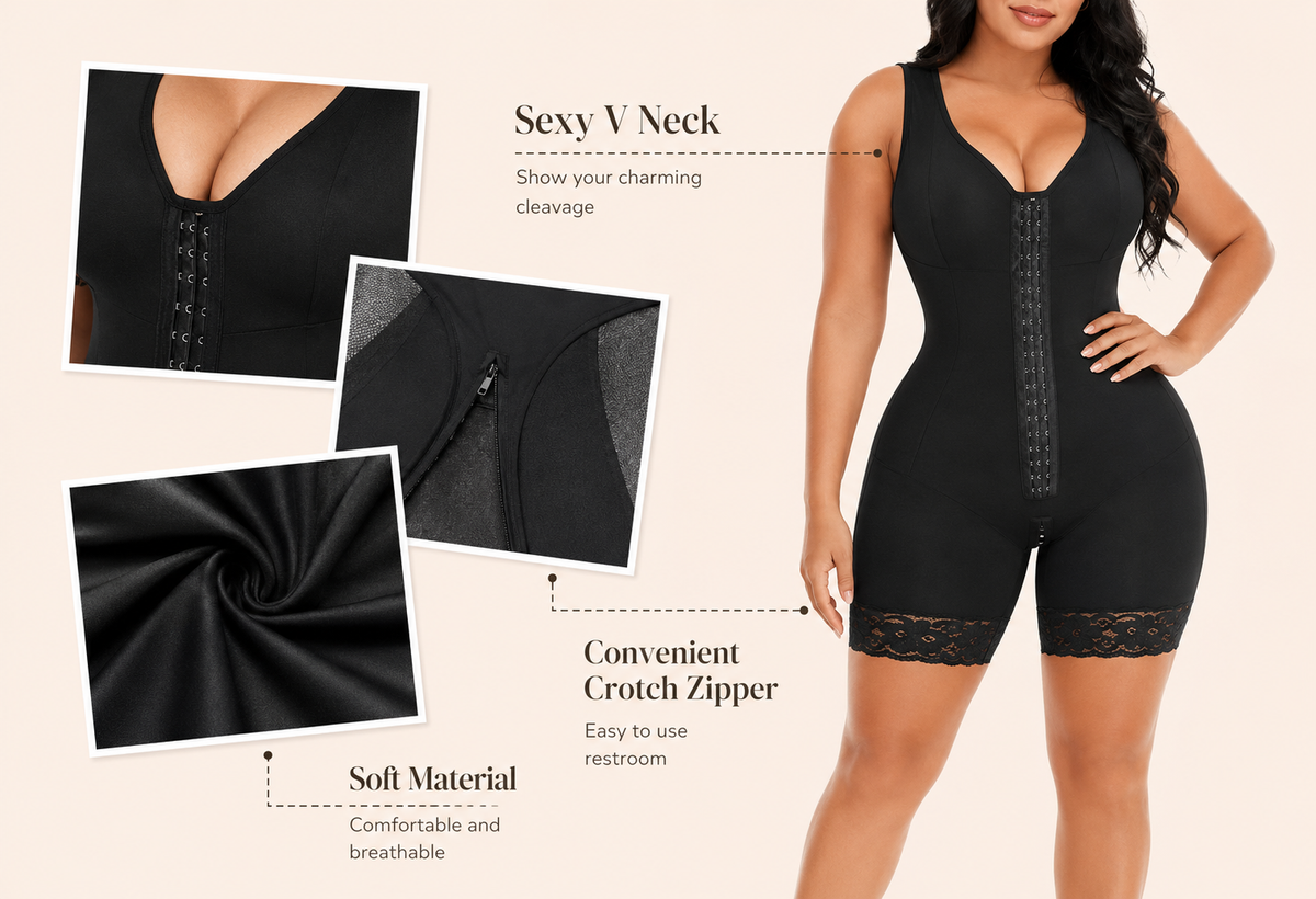 Women's Sleeveless Full‑Coverage Bodysuit, Hook‑and‑Front Closure Shapewear With Lace Trim
