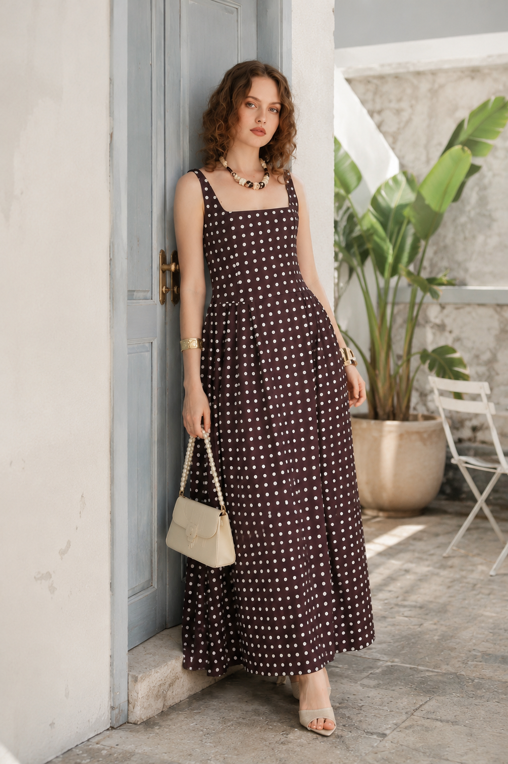 Square Neck Sleeveless Polka Dot Maxi Dress, High Waist A-Line Flowy Long Dress for Mature Women Over 50 Summer Casual Vacation Outfit