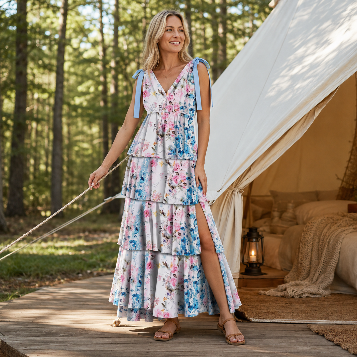 Women’s Boho Floral Tie-Shoulder Tiered Maxi Dress