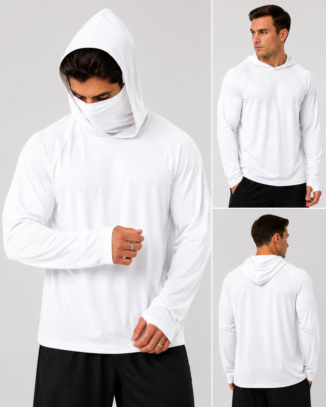 Men's UPF 50+ Long-Sleeve Sun-Ice Silk Protection Hoodie (with Sleeve Pocket and Face Mask)