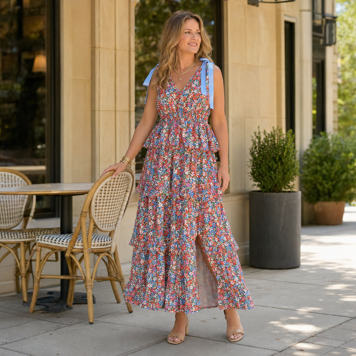 Women’s Boho Floral Tie-Shoulder Tiered Maxi Dress