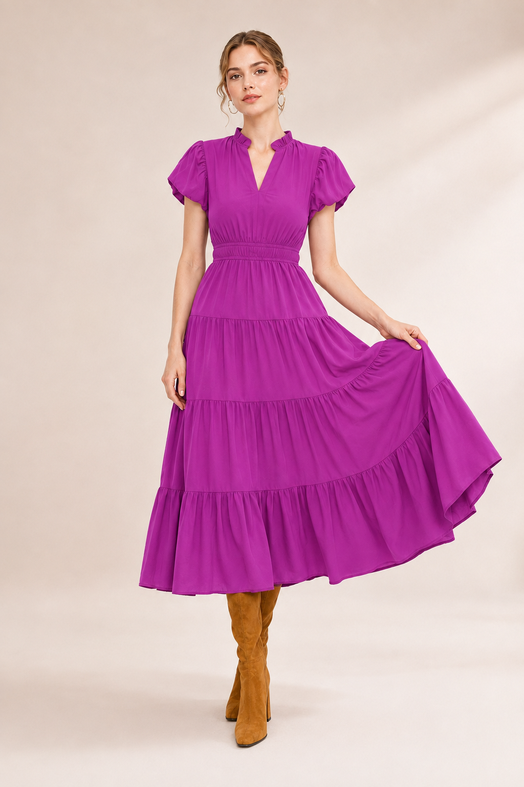 Women's Ruffle Neck Tiered Midi Dress – Elegant Puff Sleeve  Dress