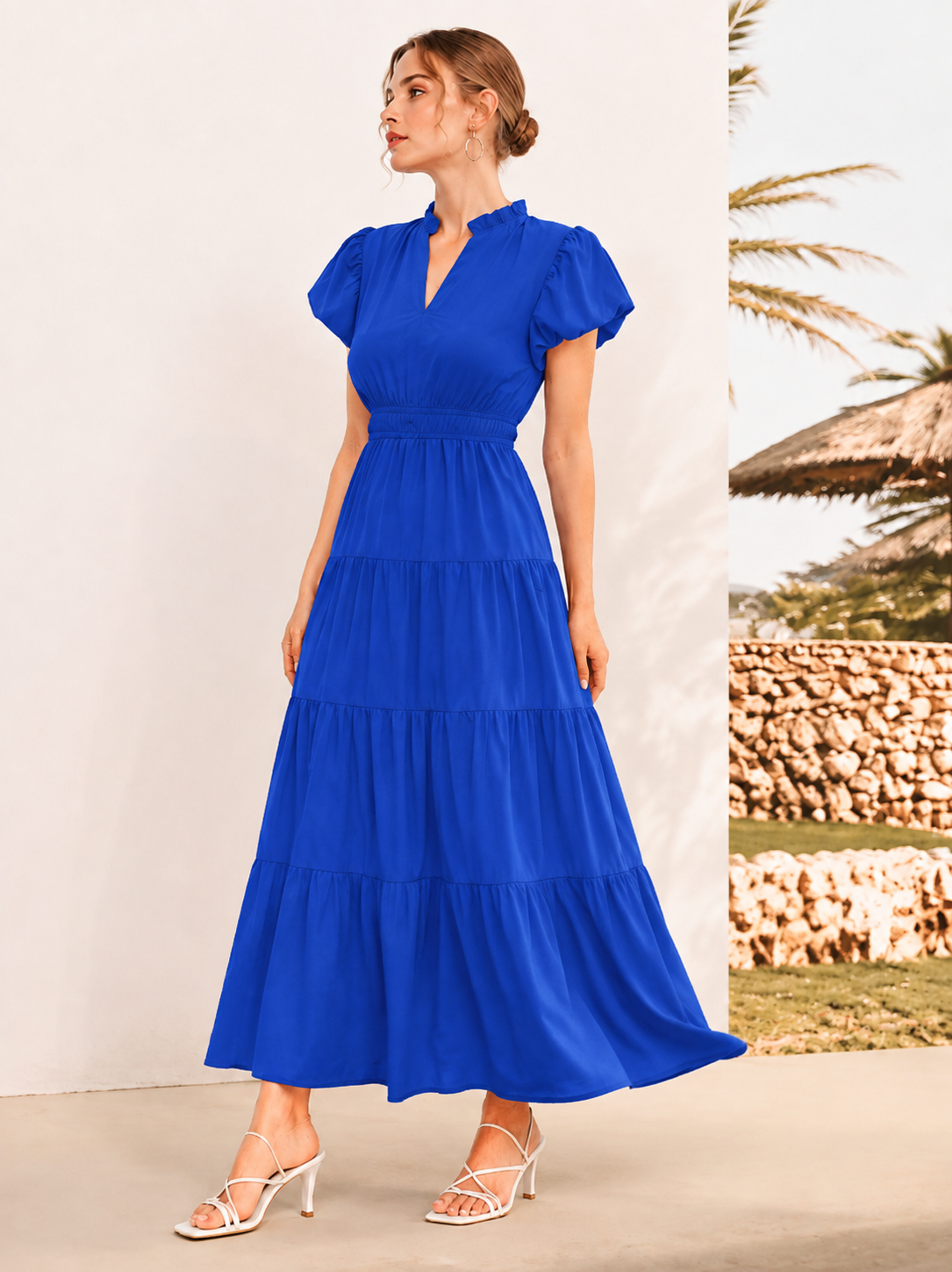 Women's Ruffle Neck Tiered Midi Dress – Elegant Puff Sleeve  Dress